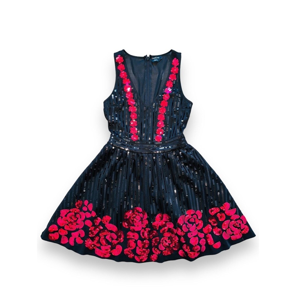 C3 Bebe Dress Hayley Sequin Red Black‎ Roses XS Womens Holiday Party Formal